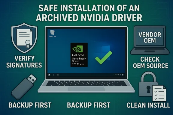 Poster detailing safe NVIDIA driver installation: verify signatures, back up, check OEM source, clean install.