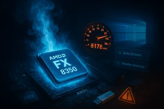 Overclocked AMD FX-8350 CPU glowing blue beside a speed gauge.