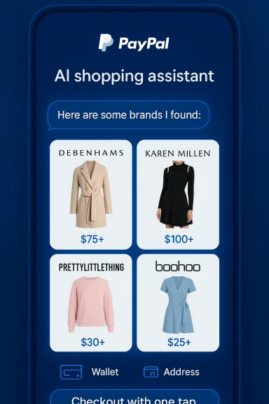 PayPal AI shopping assistant displaying brand options with prices.