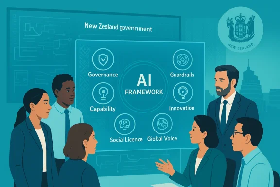 A diverse team reviews an AI framework featuring governance, capability, guardrails, and innovation.
