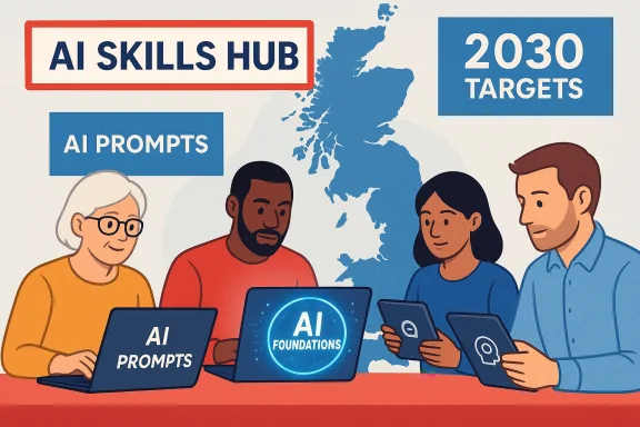 A diverse team collaborates on AI prompts at the AI Skills Hub.