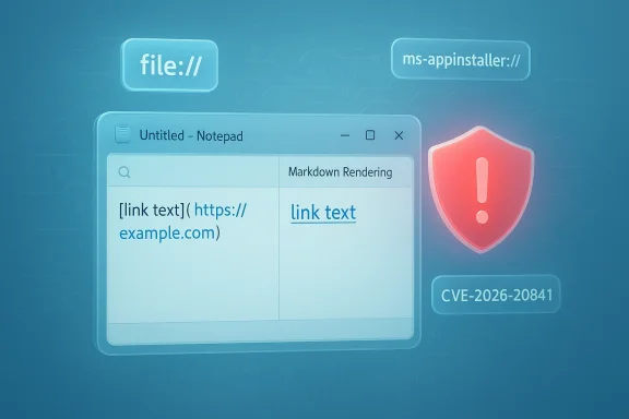 Tech illustration of a Notepad window showing a Markdown link, warning shield, and CVE-2026-20841.