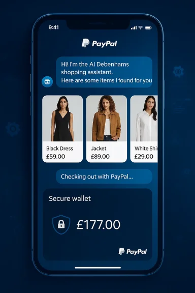 PayPal AI shopping assistant screen showing three clothing items and a £177 secure wallet balance.