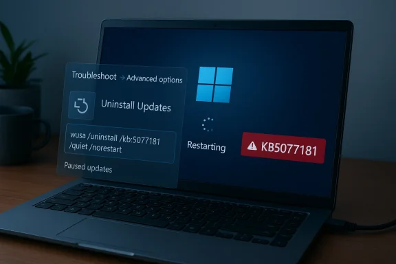 A laptop screen shows Windows recovery mode with options to uninstall updates and a KB5077181 warning. A laptop screen shows Windows recovery mode with options to uninstall updates and a KB5077181 warning.