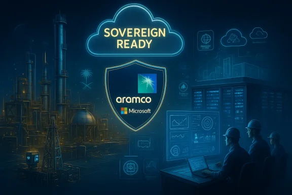 Industrial control room featuring a 'Sovereign Ready' cloud shield for Aramco and Microsoft.