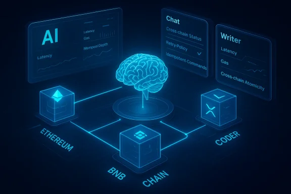 Blue holographic AI brain links Ethereum, BNB Chain, and coder blocks in a cross‑chain system.