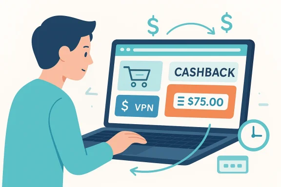 A person shops online on a laptop, seeing cashback offers and a $75 VPN deal.
