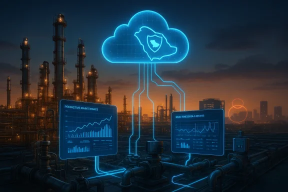 Neon cloud network with dashboards guides predictive maintenance at an industrial refinery.