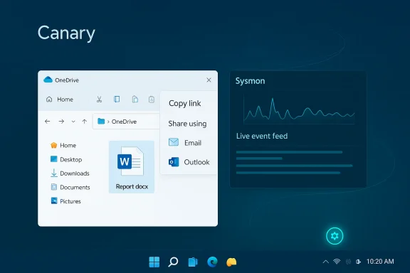 Canary UI concept: Windows-like desktop with OneDrive window and Sysmon live feed panel.