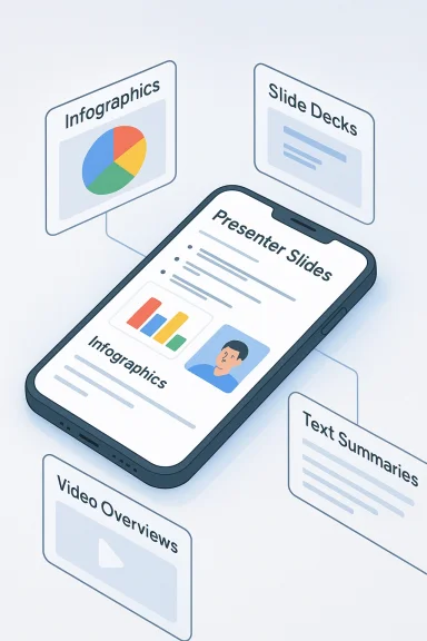 A smartphone displays presenter slides, surrounded by floating infographic and summary panels.