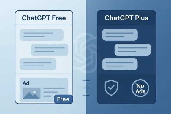 Side-by-side screenshots of ChatGPT Free (light, with ads) and ChatGPT Plus (dark, no ads).