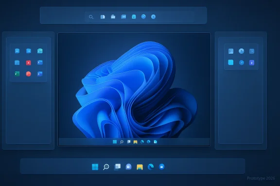 A futuristic blue UI prototype with a central monitor and floating panels around a Windows-style desktop.