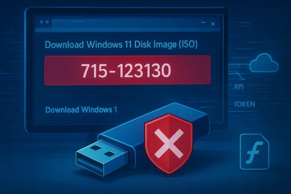 A USB flash drive with a red shield sits in front of a screen showing a Windows 11 ISO download prompt.