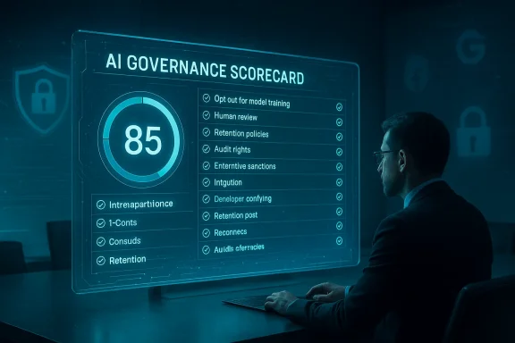 A businessman reviews an AI governance scorecard hologram showing a score of 85.