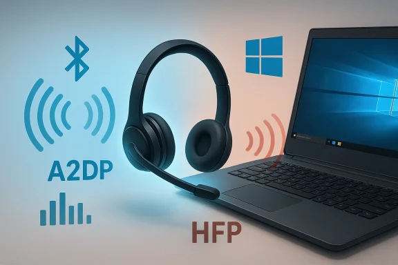 Bluetooth headset on Windows laptop illustrating A2DP and HFP profiles.