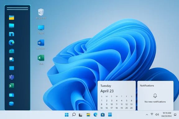 Windows 11 desktop with a left-side app column and a blue swirling wallpaper.