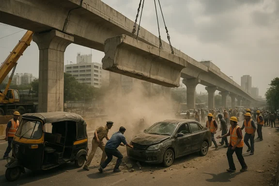 Construction crew guides a suspended concrete beam beneath an elevated highway, creating dust and halted traffic.