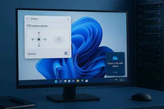 A monitor shows Windows 11 with PTZ camera controls and a file-sharing notification.