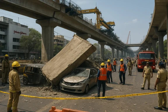Construction workers inspect a toppled concrete slab crushing a car beneath an elevated highway.