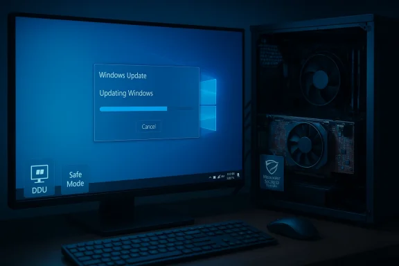 Blue-tinted desktop setup shows Windows Update in progress beside a PC with visible internals.