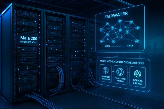 Blue-lit data center with server racks and holographic panels for Maia 200 inference and multi-model orchestration.