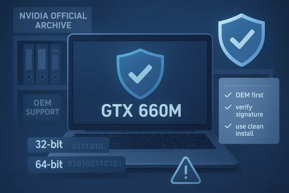 GTX 660M laptop featuring shield icons, an install checklist, and NVIDIA archive visuals. GTX 660M laptop featuring shield icons, an install checklist, and NVIDIA archive visuals.