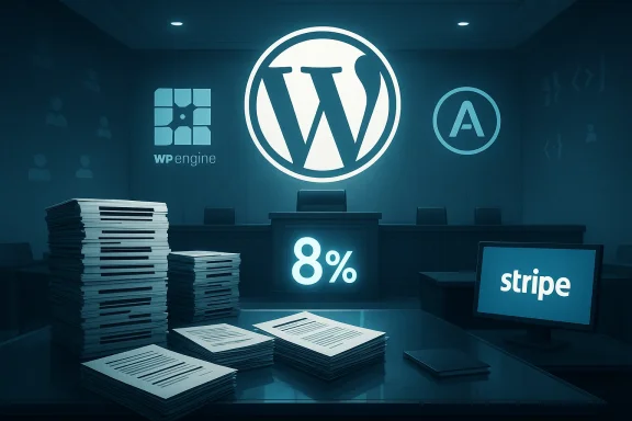 Courtroom-style scene featuring WordPress branding, stacked documents, and a Stripe monitor displaying 8%.