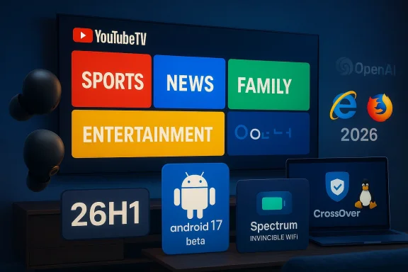 A large screen shows colorful YouTube TV tiles: Sports, News, Family, Entertainment, with tech icons around. A large screen shows colorful YouTube TV tiles: Sports, News, Family, Entertainment, with tech icons around.