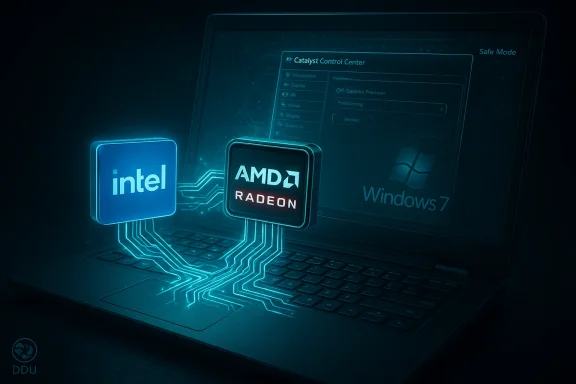 Blue-glowing Intel and AMD Radeon chips connect to a laptop displaying Windows 7 Safe Mode.