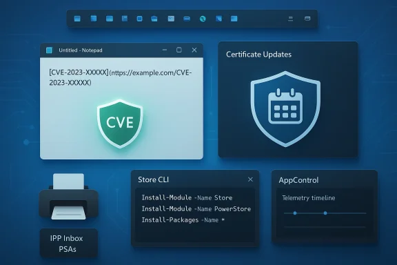 A blue futuristic desktop UI featuring CVE notes, certificate updates, and CLI panels.
