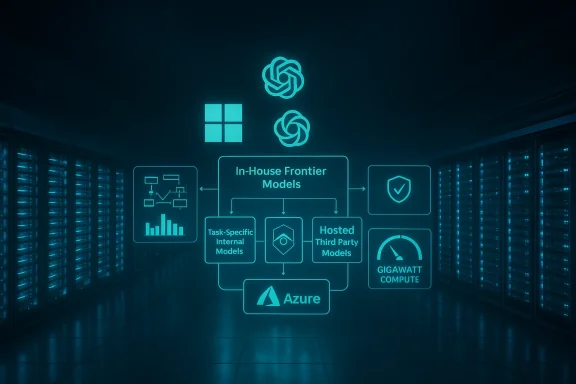 Neon blue holographic diagram of AI models and cloud services in a data center.