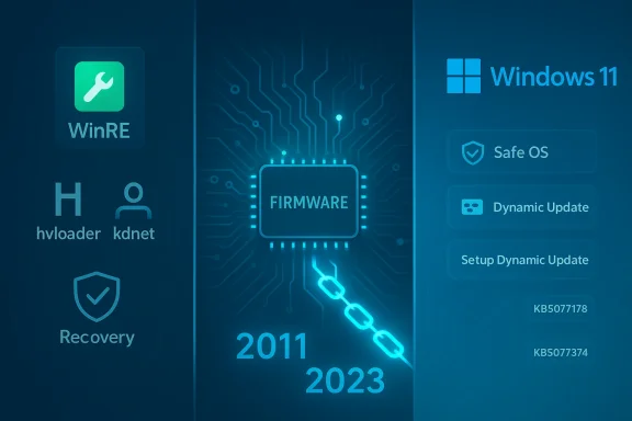 Futuristic firmware schematic linking WinRE and Windows 11 with updates (2011–2023).