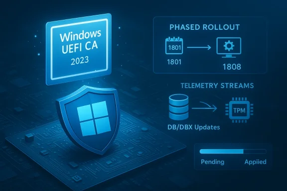 Blue infographic showing Windows UEFI CA 2023 with phased rollout and TPM telemetry updates.
