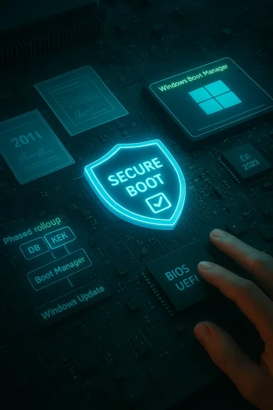 Glowing Secure Boot shield on a motherboard, with BIOS/UEFI and Windows Boot Manager nearby.
