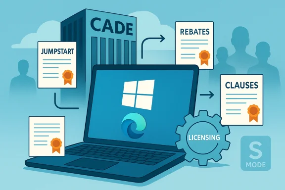 Software licensing workflow: laptop shows Windows/Edge icons, surrounded by licensing gear and certificates. Software licensing workflow: laptop shows Windows/Edge icons, surrounded by licensing gear and certificates.