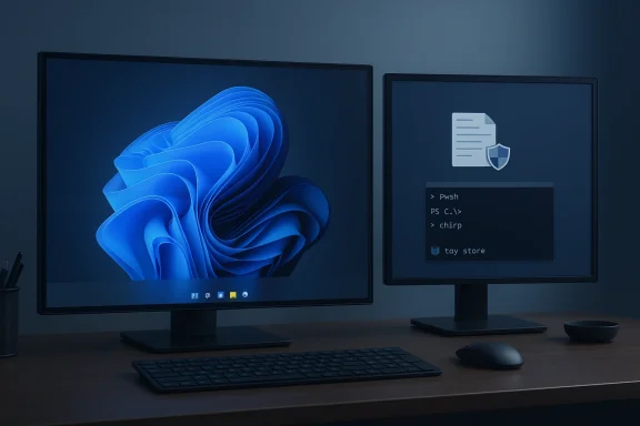 Two-monitor workstation with a blue abstract wallpaper and a terminal window on the right.