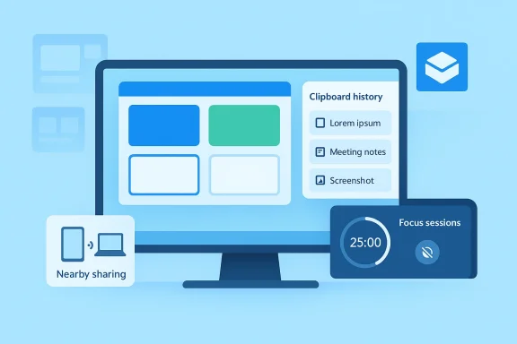 Desktop UI concept showing clipboard history, focus timer, and nearby sharing.