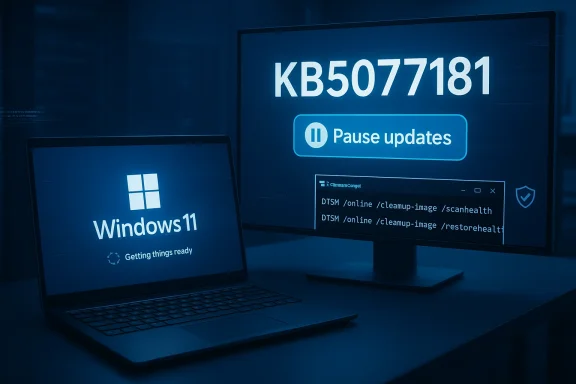 Windows 11 laptop beside a monitor displaying Pause updates and KB5077181. Windows 11 laptop beside a monitor displaying Pause updates and KB5077181.