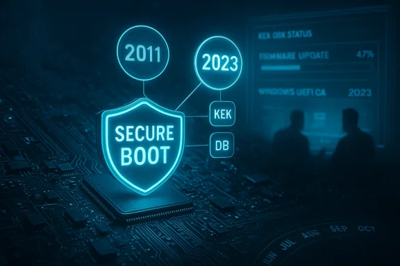 Neon blue Secure Boot diagram on a motherboard, linking 2011 to 2023 with KEK and DB icons.