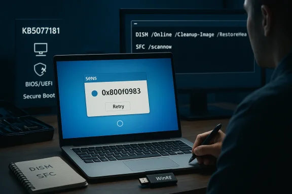 Tech uses WinRE to repair Windows, facing error 0x800f0983 with a Retry prompt.