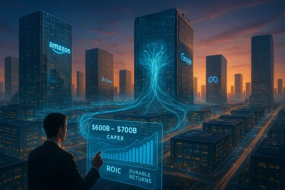 A businessman monitors a holographic finance dashboard amid futuristic skyscrapers branded by tech giants.
