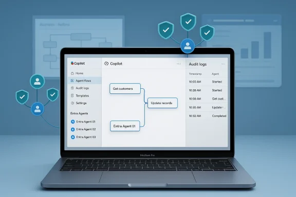 Laptop displaying Copilot UI with a flowchart of agent actions and an audit log panel.
