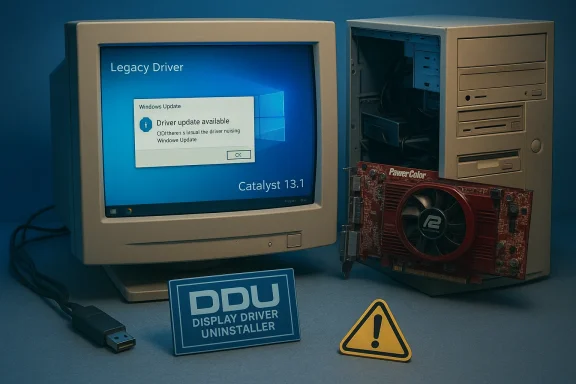 Retro PC with CRT monitor displaying a Windows driver update popup and a red graphics card.