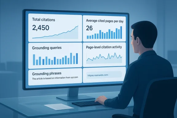 An analyst reviews a blue-toned, multi-panel dashboard showing citation stats and activity charts.