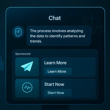 Futuristic dark blue chat UI displaying a data-analysis tip with sponsored options Learn More and Start Now.