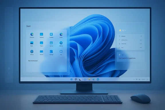 Blue-tinted desktop setup with a large monitor displaying a Windows-style Start menu and widgets.