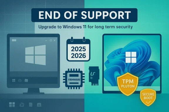 Split-image banner urging users to upgrade to Windows 11 as Windows 10 support ends.