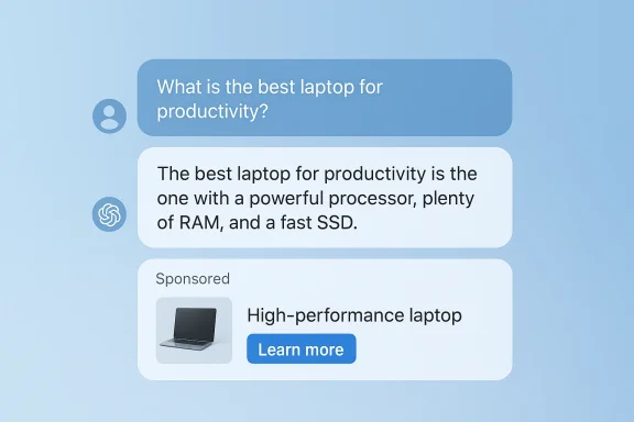 Chat-style blue UI with a user asking for the best productivity laptop, a helpful answer, and a sponsored ad.