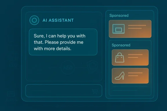 UI mockup of an AI assistant chat window with a right-side sponsored ad panel.