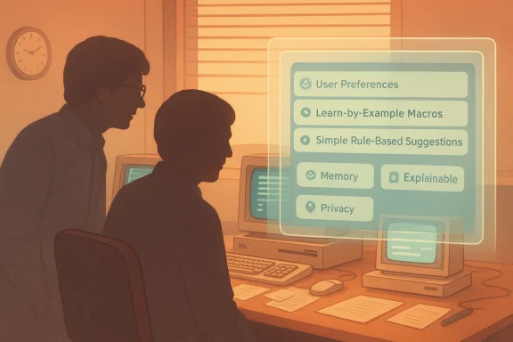 Two people sit at a vintage computer as a translucent user preferences panel floats on screen.